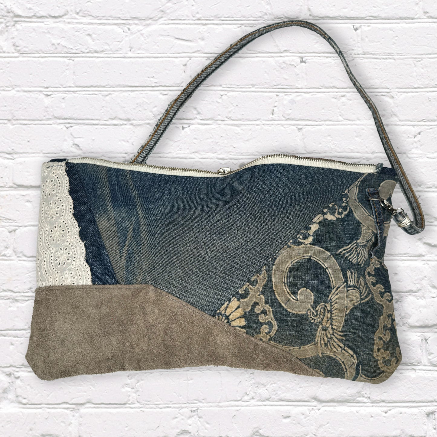 Shibori Denim and Leather Clutch