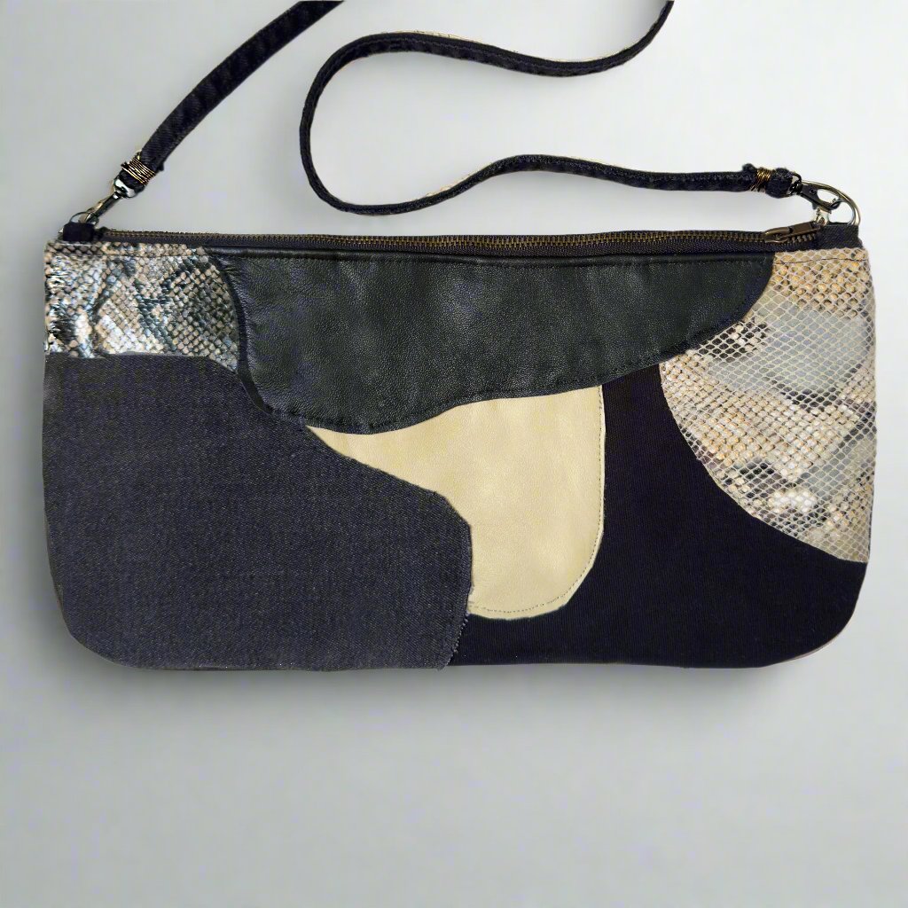 patchwork leather and denim purse, clutch size with strap, one of a kind and handmade