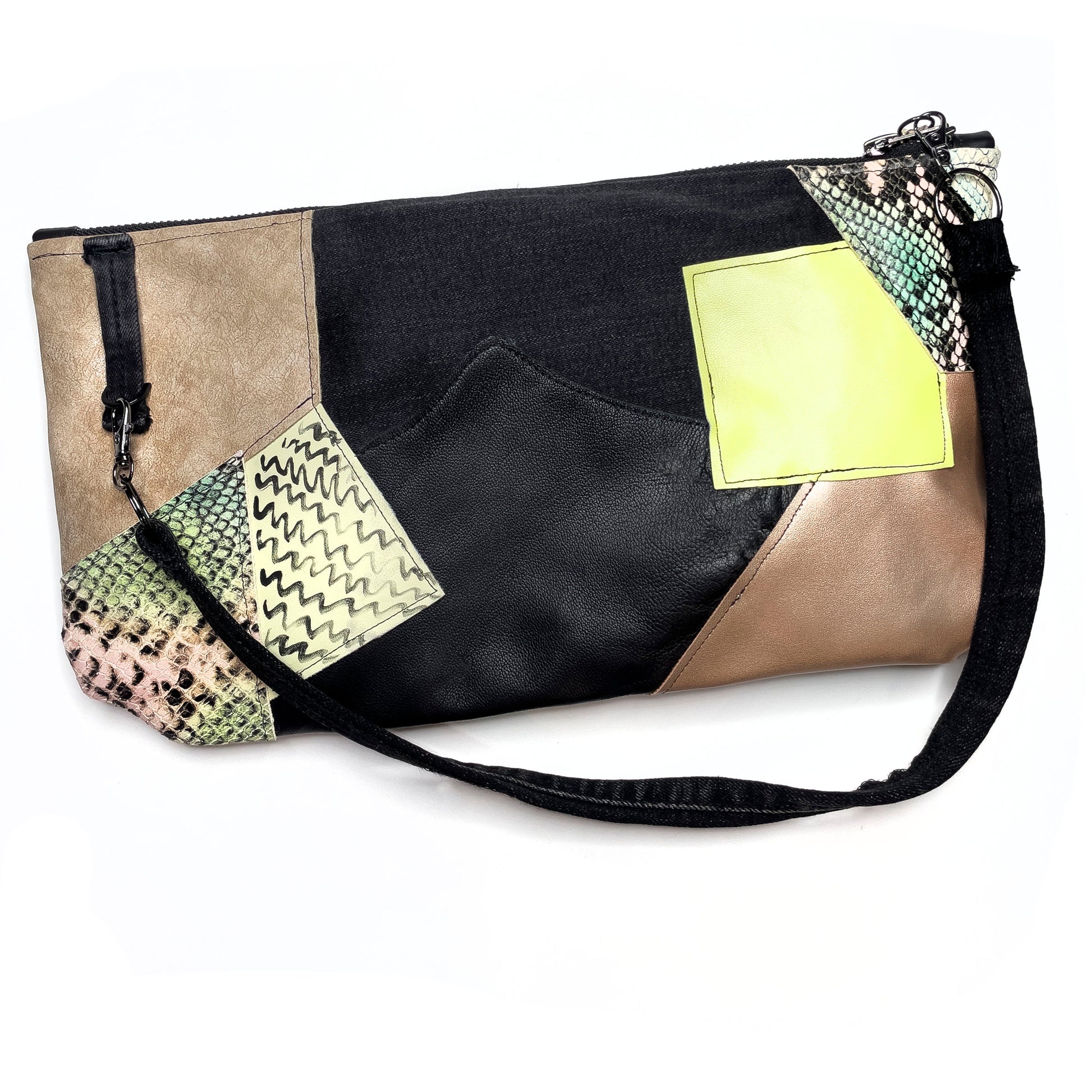 genuine leather patchwork bag from She-bang Shop, handmade ladies accessories in Brooklyn New York.