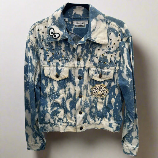 bleached out vintae denim jacket, patches, ugh applique