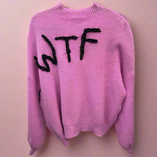 WTF embroidered sweater, hot pink sweater, beaded sweater