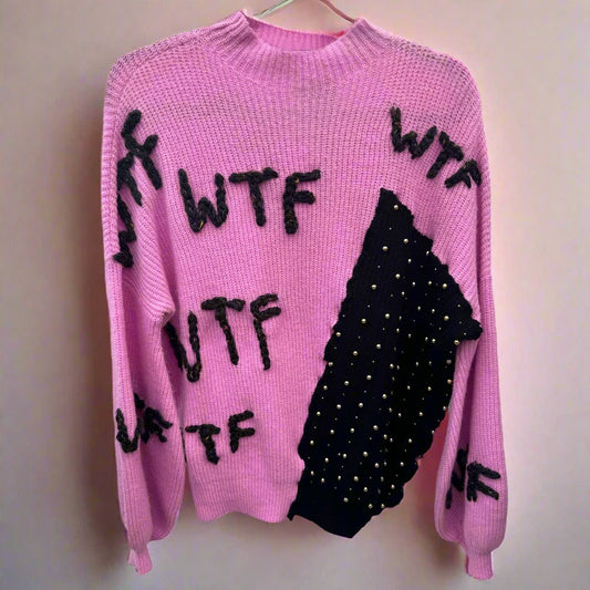 WTF embroidered sweater, hot pink sweater, beaded sweater