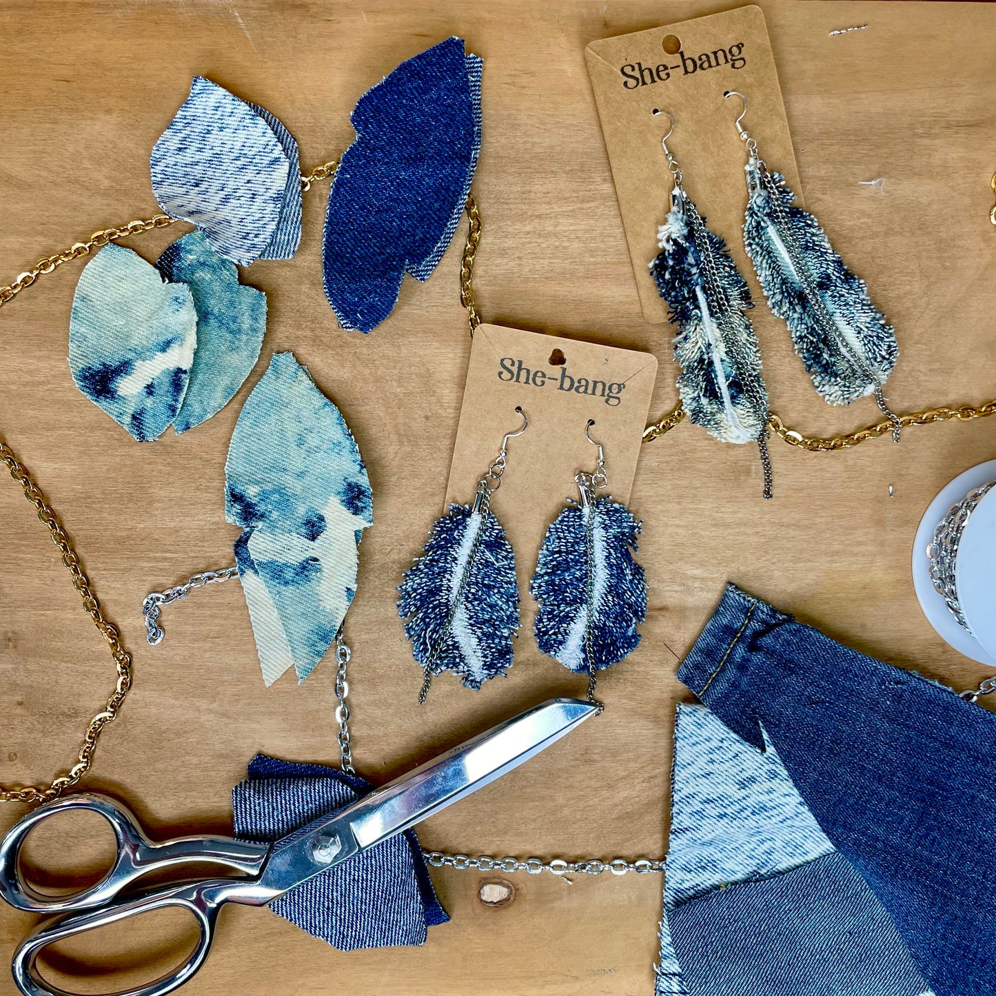 Boho Feather Earrings, tie dye, recycled denim