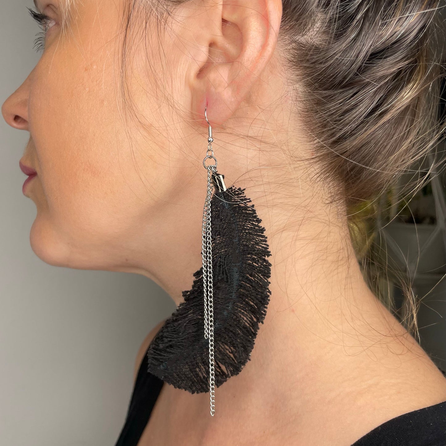 Boho Denim Feather Earrings, Black w/ Silver
