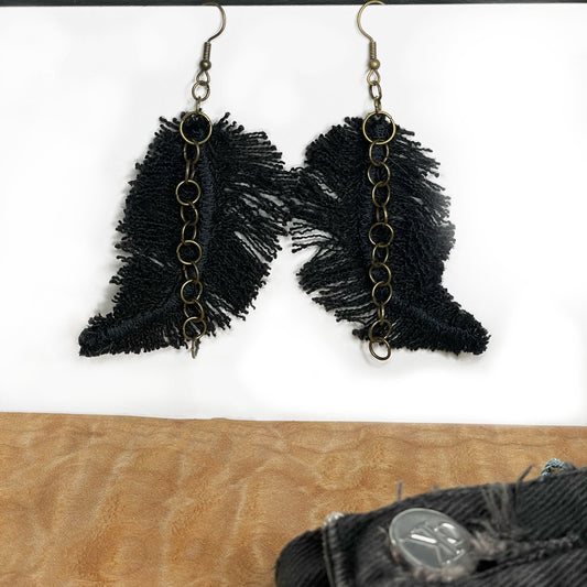black handmade unique feather earrings, unique boho jewelry, made from recycled materials and chains, completely one of a kind jewelry made by local brooklyn designers