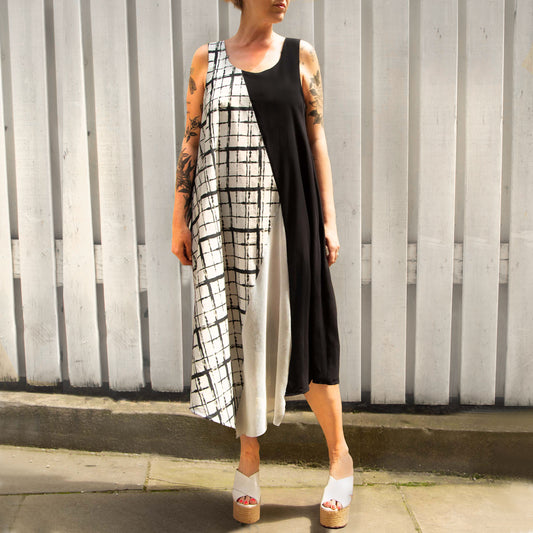 Print Mix Plaid Asymmetic Maxi Dress