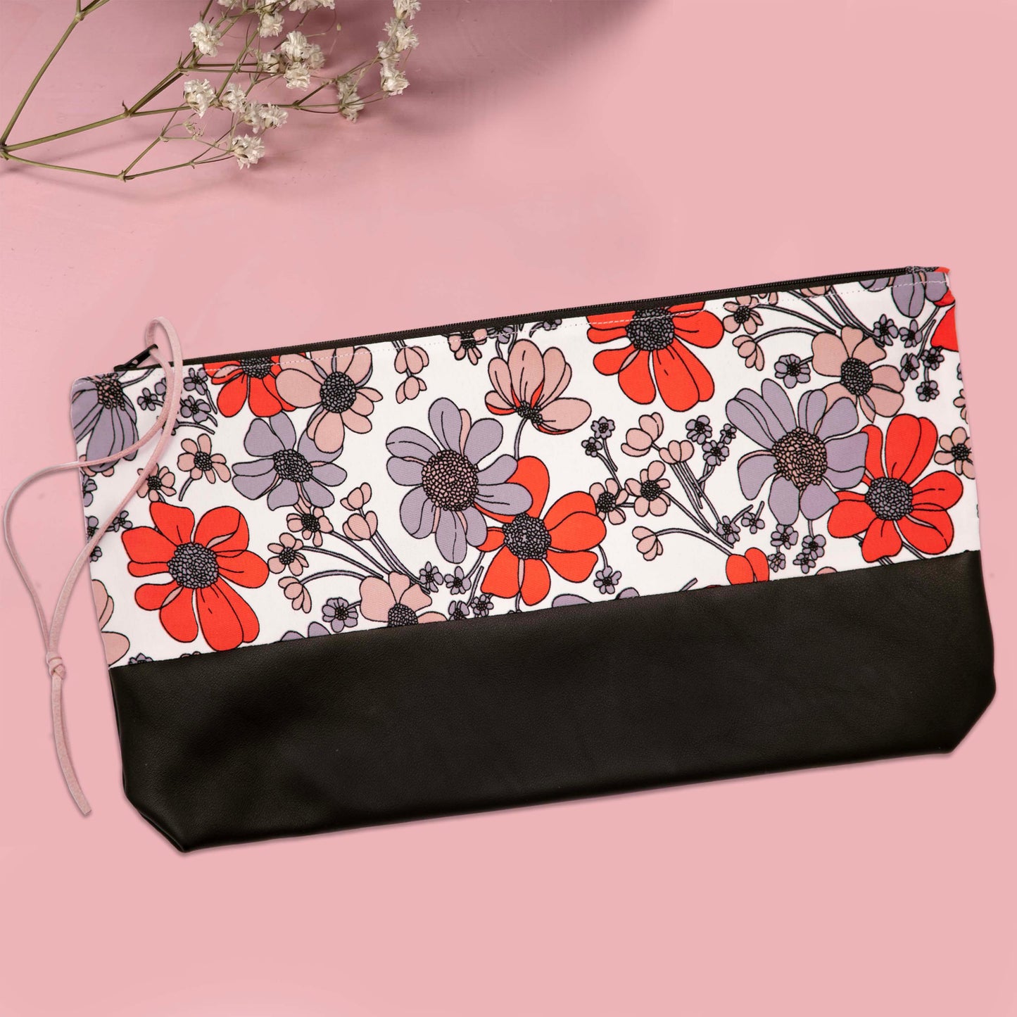Daisy Chain Floral + Leather Clutch Bag, Handmade
