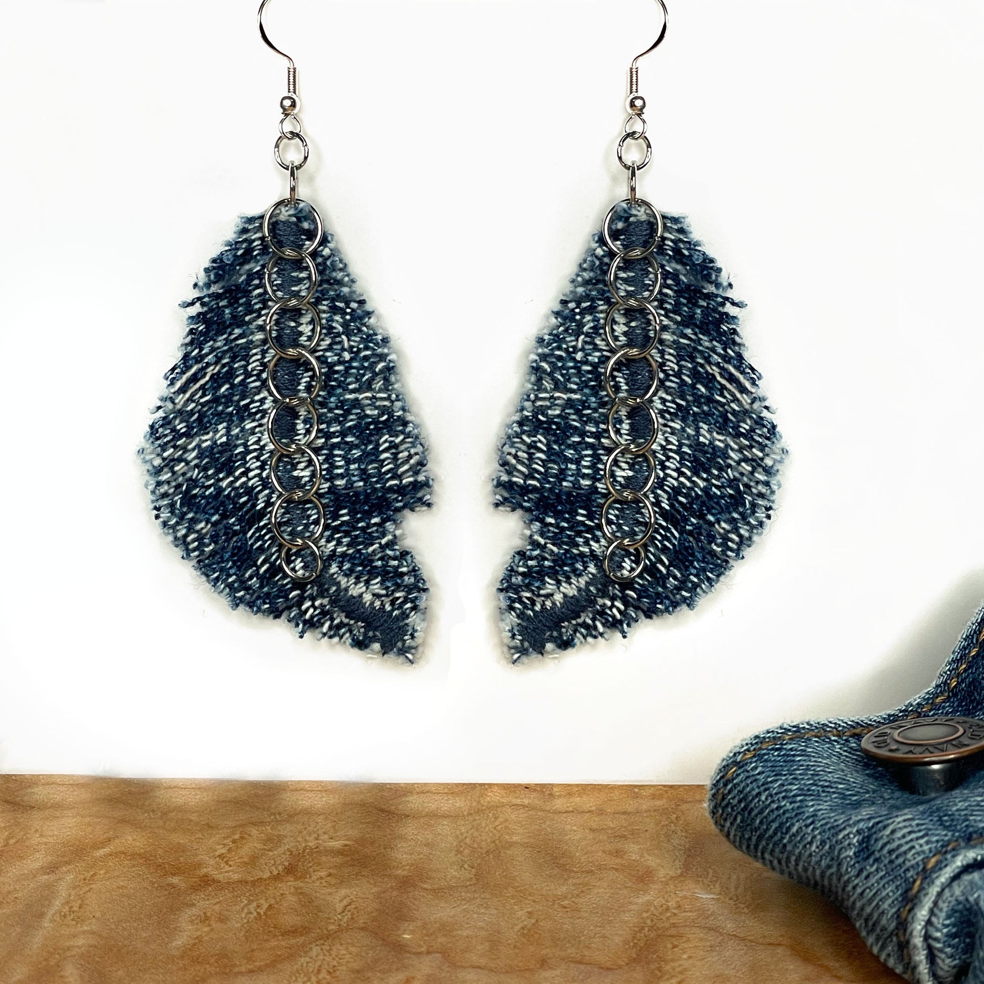 Denim Feather Earring, Boho style Jewelry from recycled denim. Handmade unique earrings from local brookln designers.