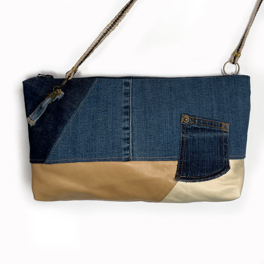 Chevron Denim Leather Clutch handbag, handmade