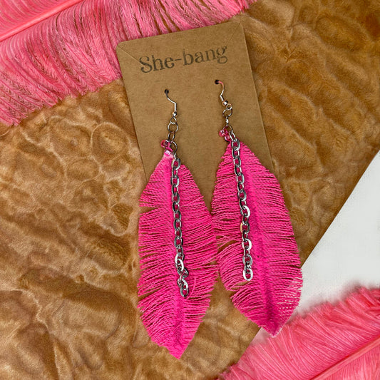 Boho Pink Feather Earrings, Denim