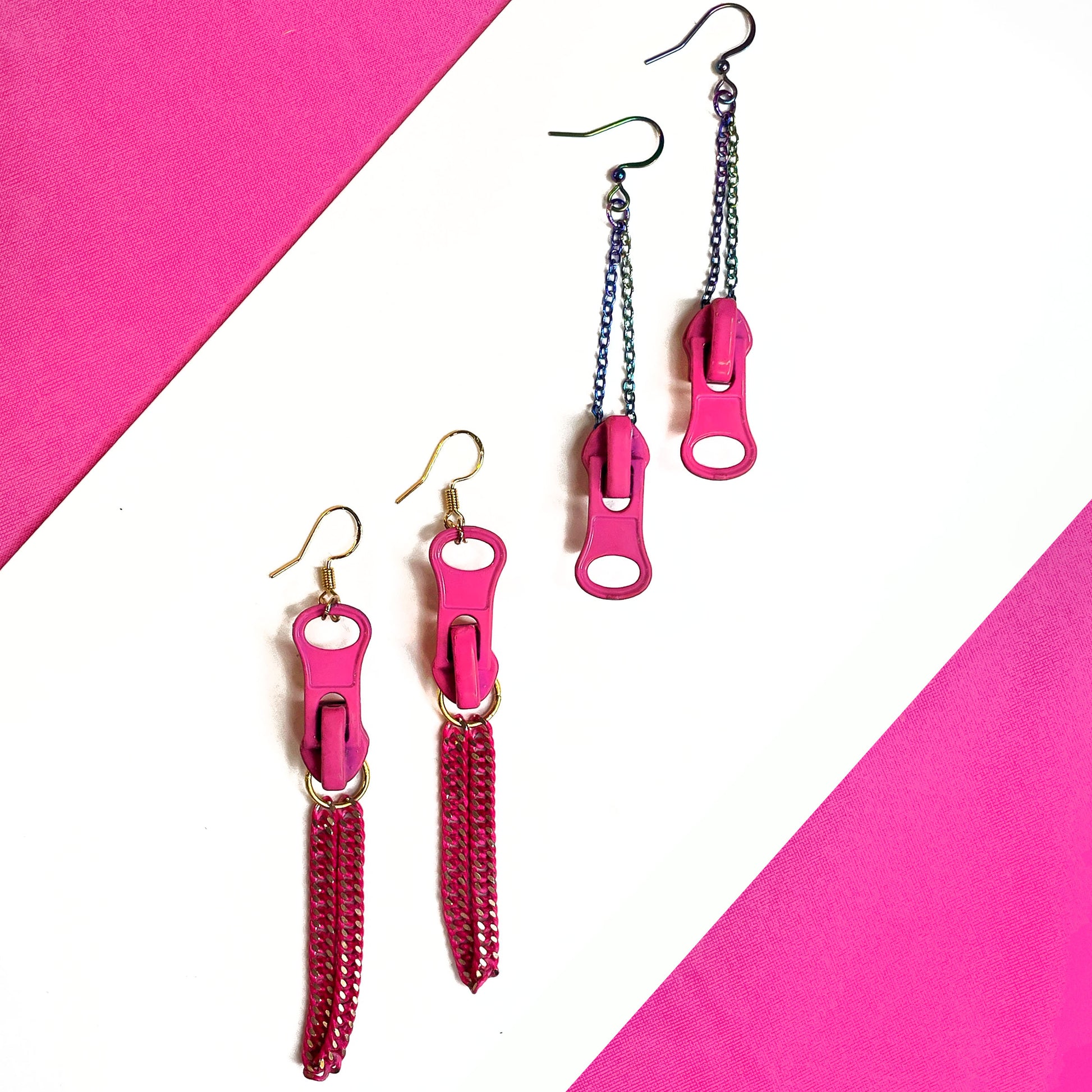 she-bang is upcycled handmade unique pink zipper earrings, unique jewelry, made from recycled materials and chains, completely one of a kind jewelry made by local brooklyn designers.