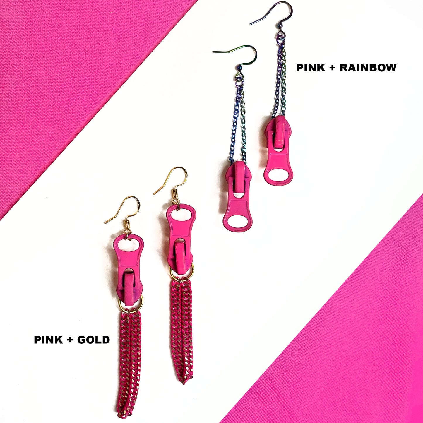 she-bang is upcycled handmade unique pink zipper earrings, unique jewelry, made from recycled materials and chains, completely one of a kind jewelry made by local brooklyn designers.