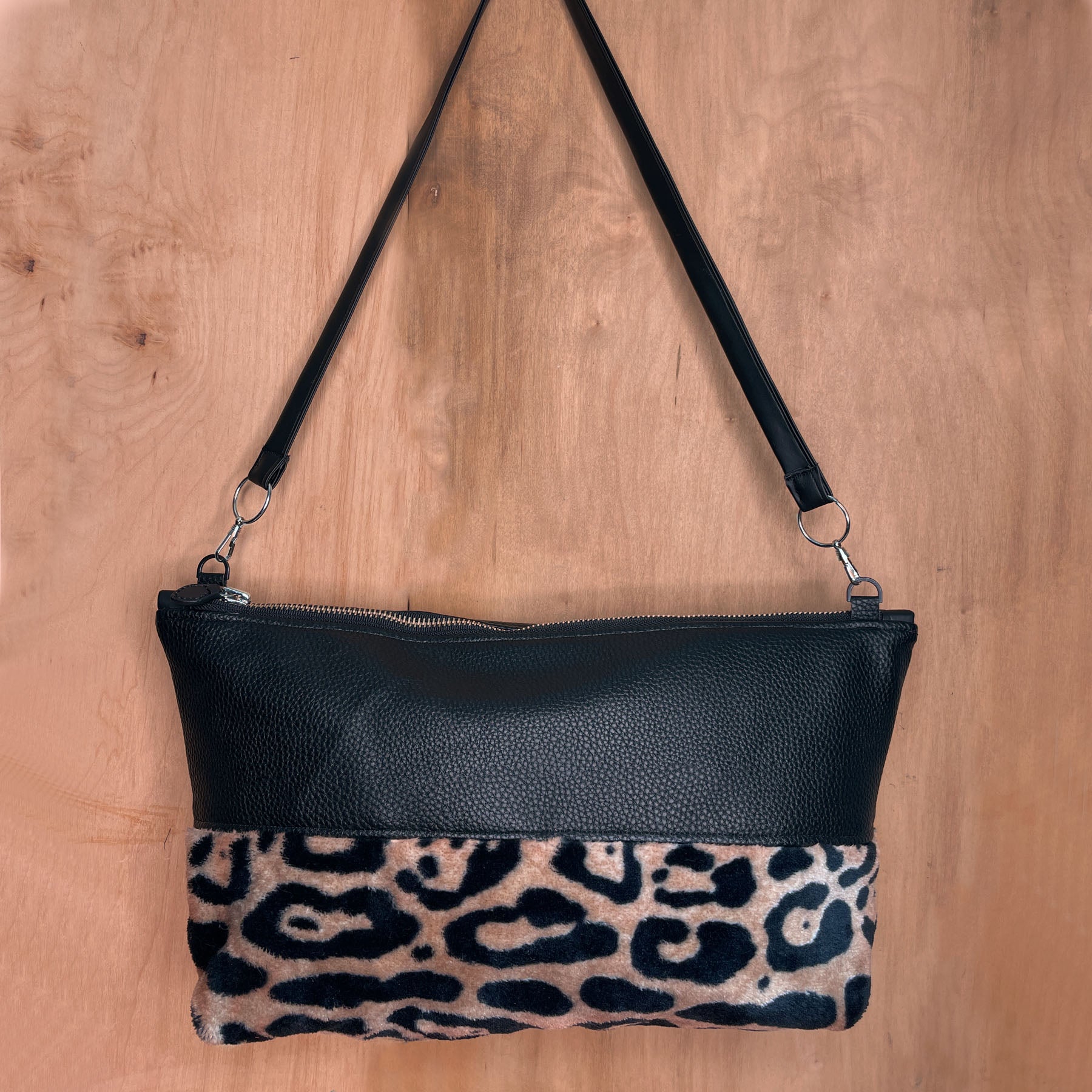 cheetah plush purse. upcycled handmade unique handbags, recycled denim bags, handmade genuine leather bags, completely one of a kind bags made by local brooklyn designers.