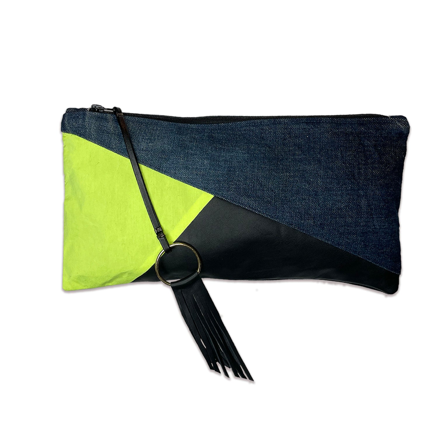 Neon Prism Clutch Bag, Upcycled Denim + Leather, Handmade