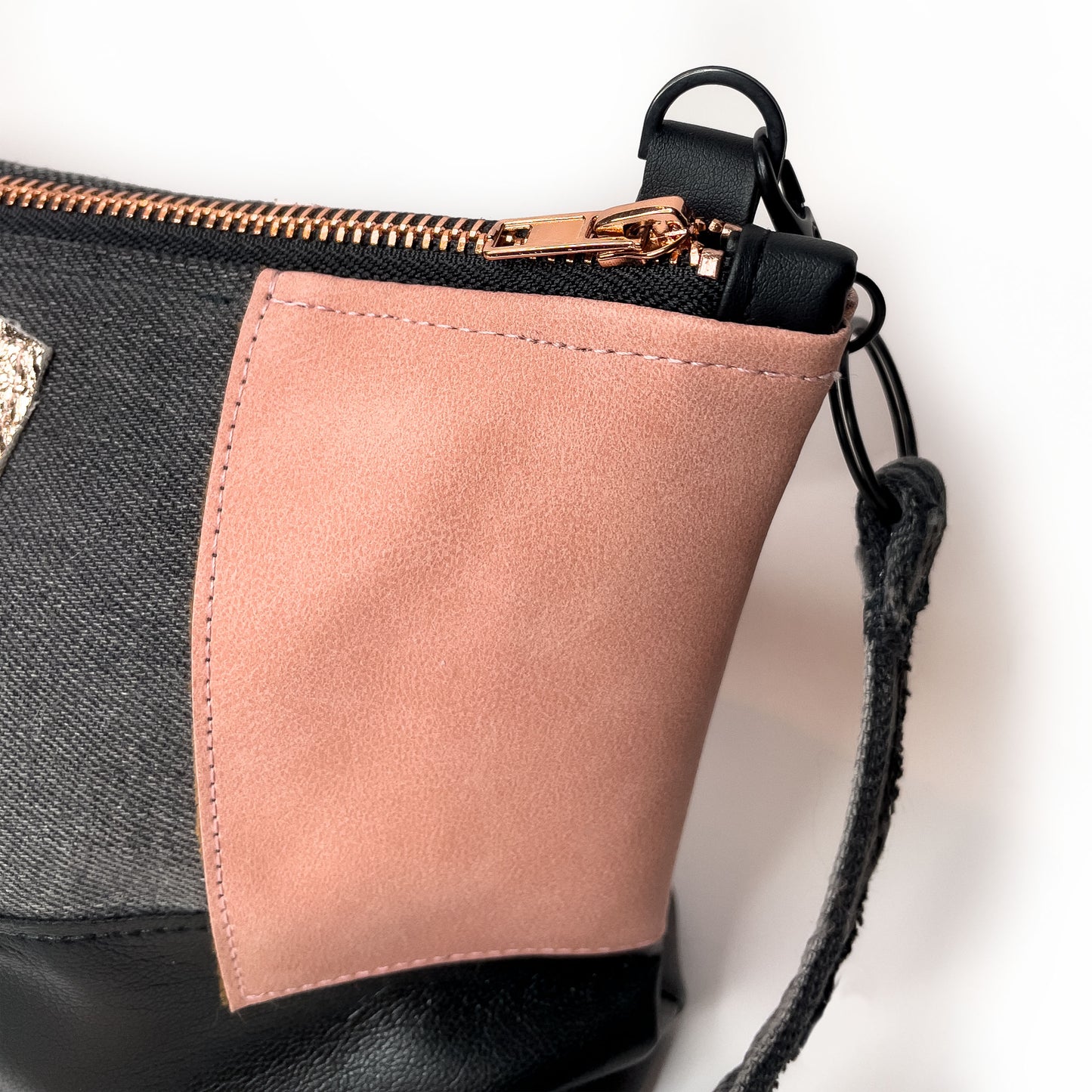 Patchwork Denim Leather Bag, Rose Gold