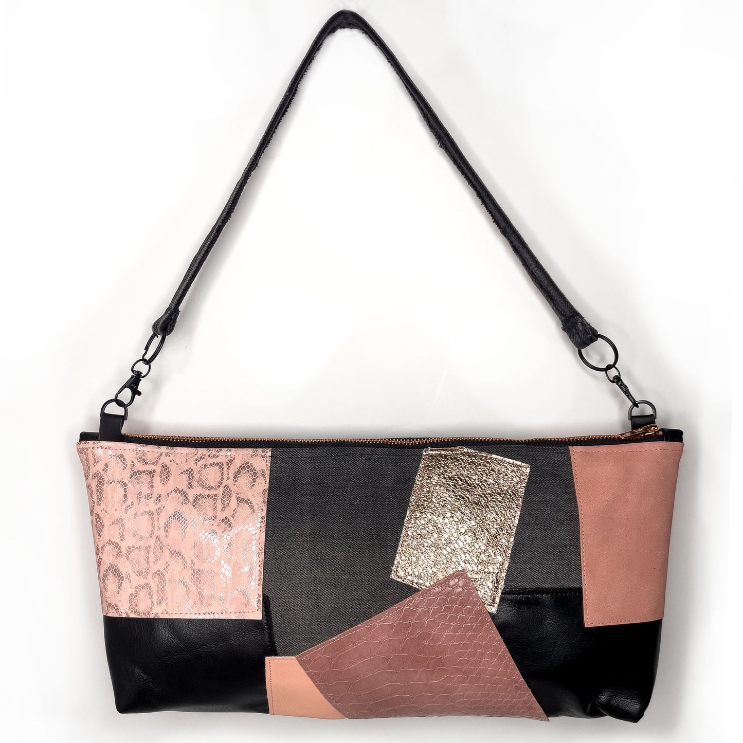 Patchwork Denim Leather Bag, Rose Gold