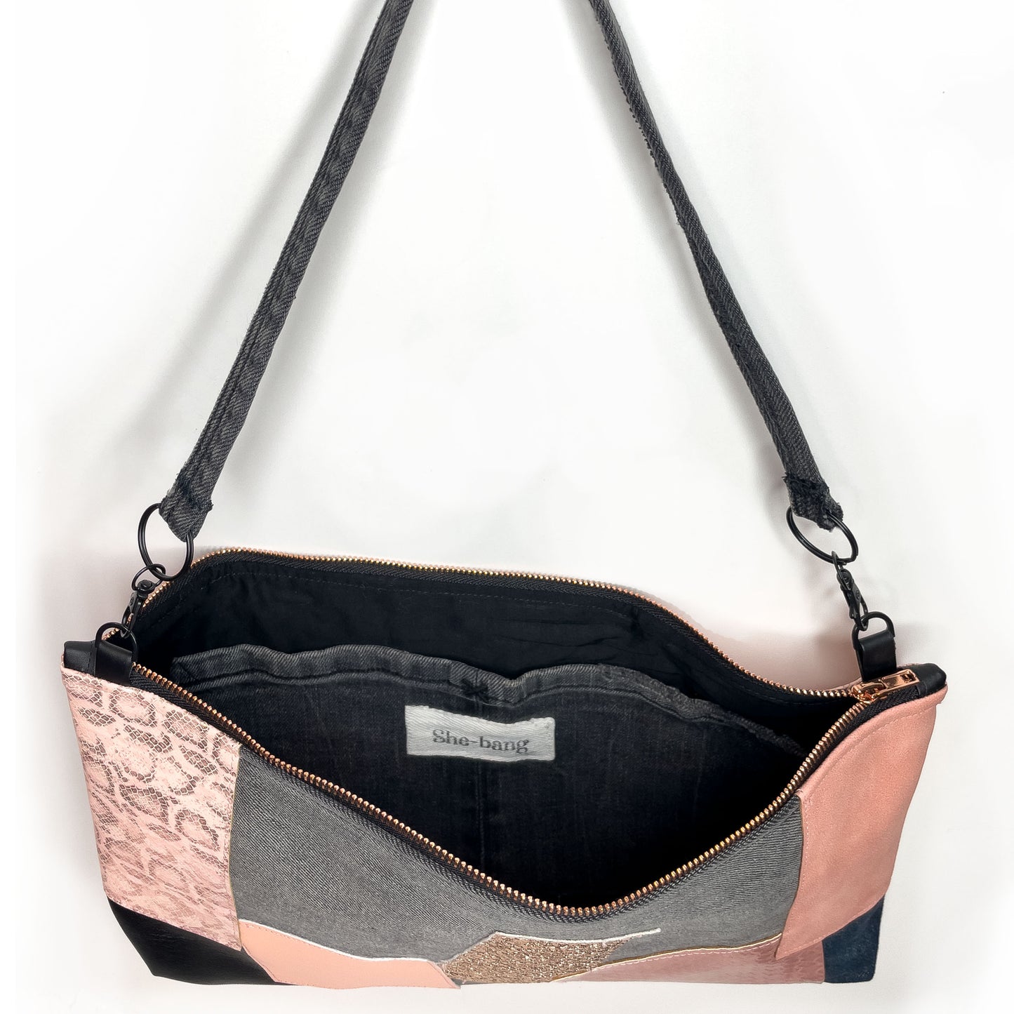 Patchwork Denim Leather Bag, Rose Gold