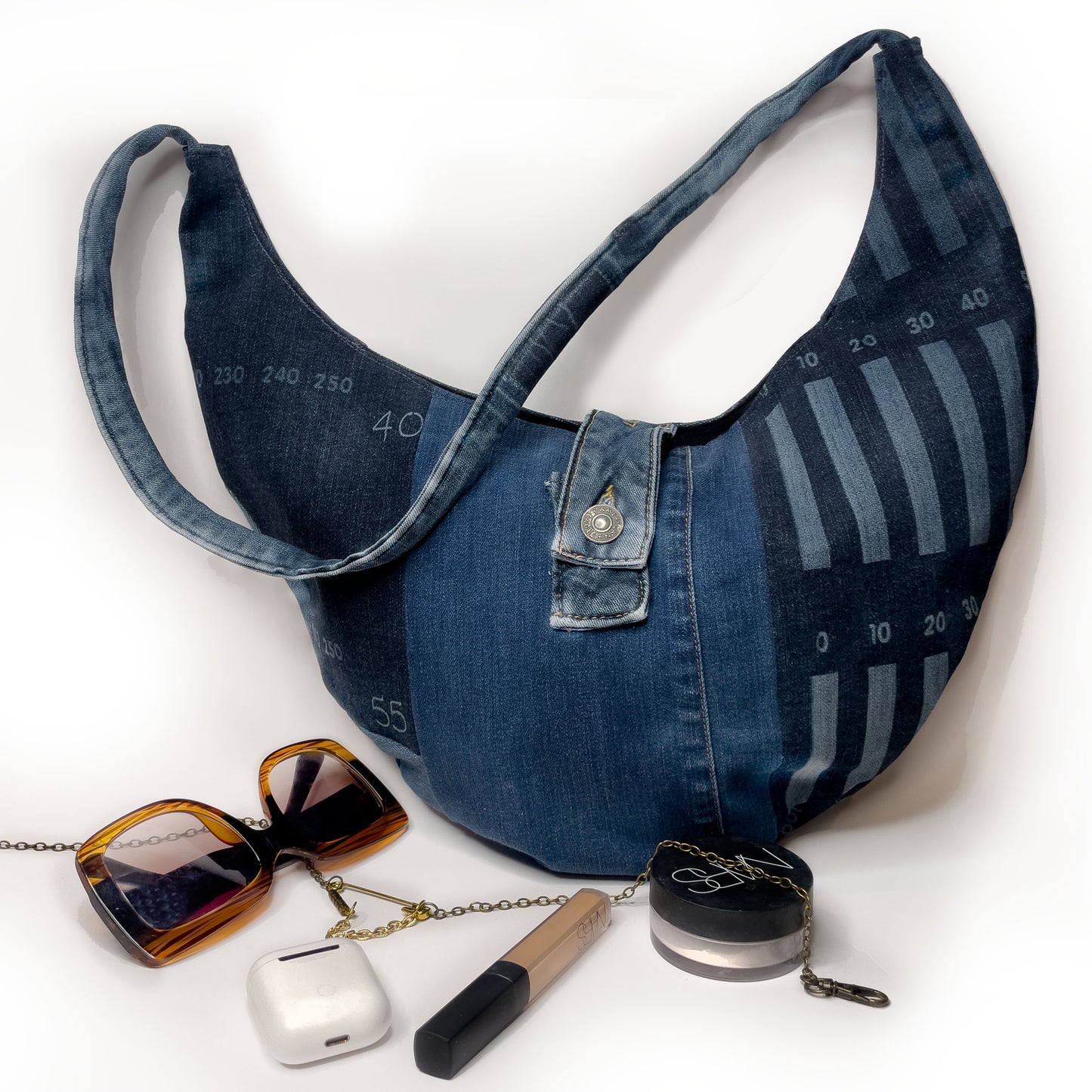 Denim Slouch bag in Indigo. handmade unique handbags, recycled denim bags, handmade genuine leather bags,  completely one of a kind bags made by local brooklyn designers.