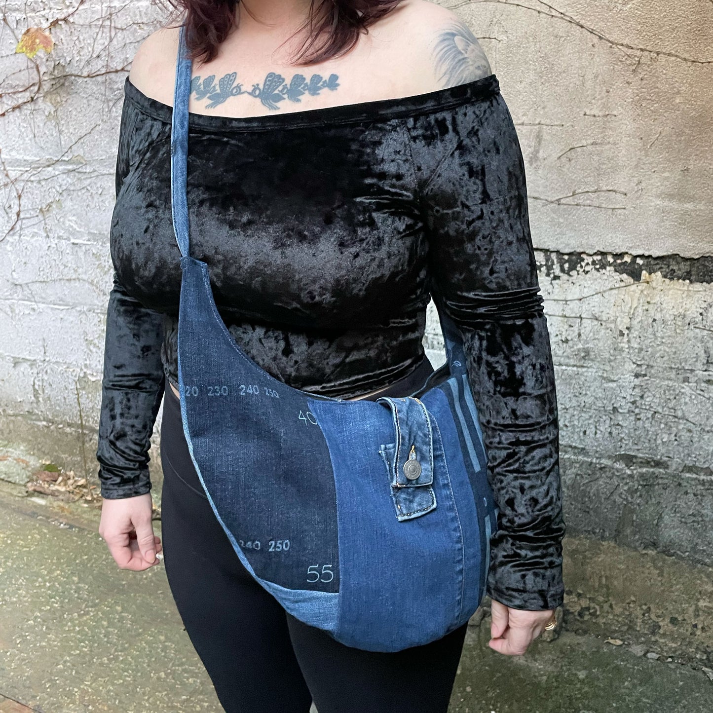 Denim Slouch bag in Indigo. handmade unique handbags, recycled denim bags, handmade genuine leather bags, completely one of a kind bags made by local brooklyn designers.