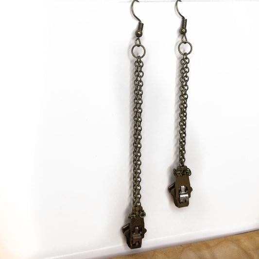 Zipper + chain  Earrings, bronze